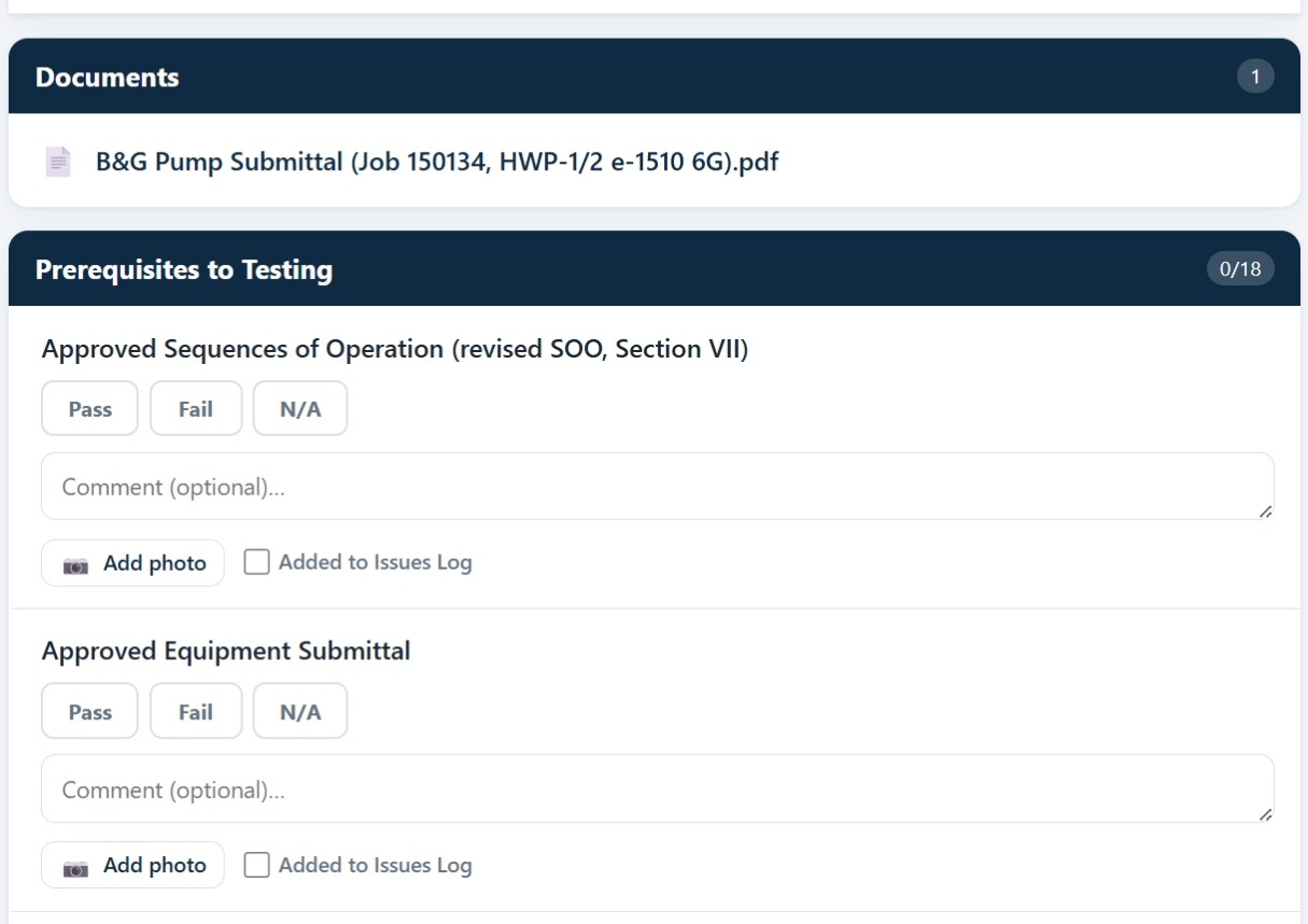 Cx AIgent field app showing a functional performance test with the source submittal document linked directly to the prerequisite checklist items